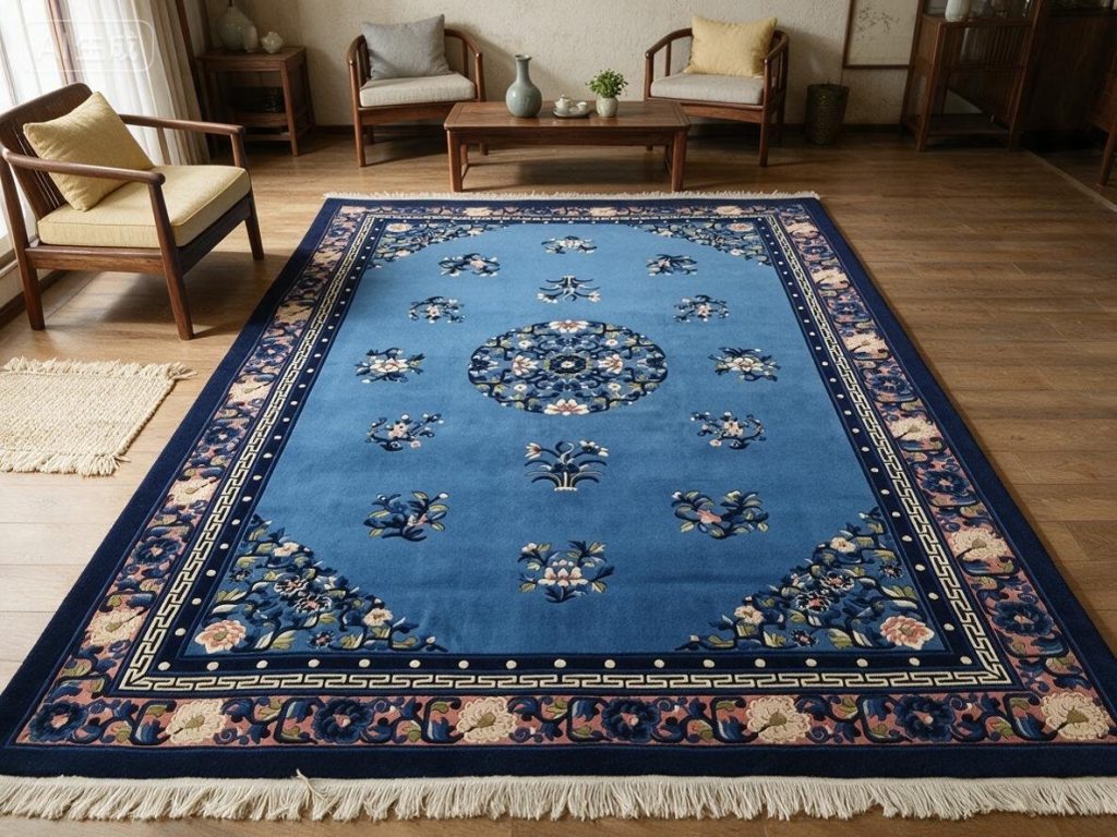 Sky Blue Floral Medallion Hand-Woven Wool Carpet