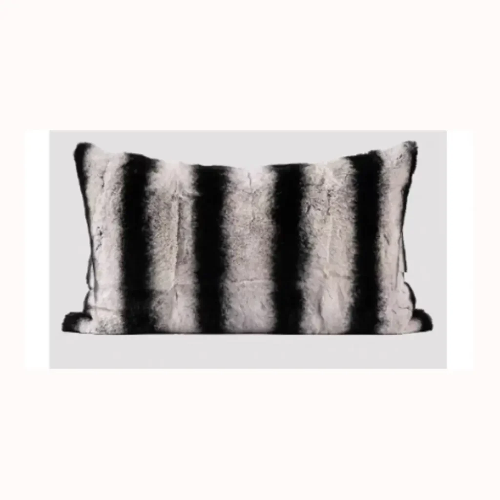 Black Grey Striped Rabbit Fur Lumbar Pillow