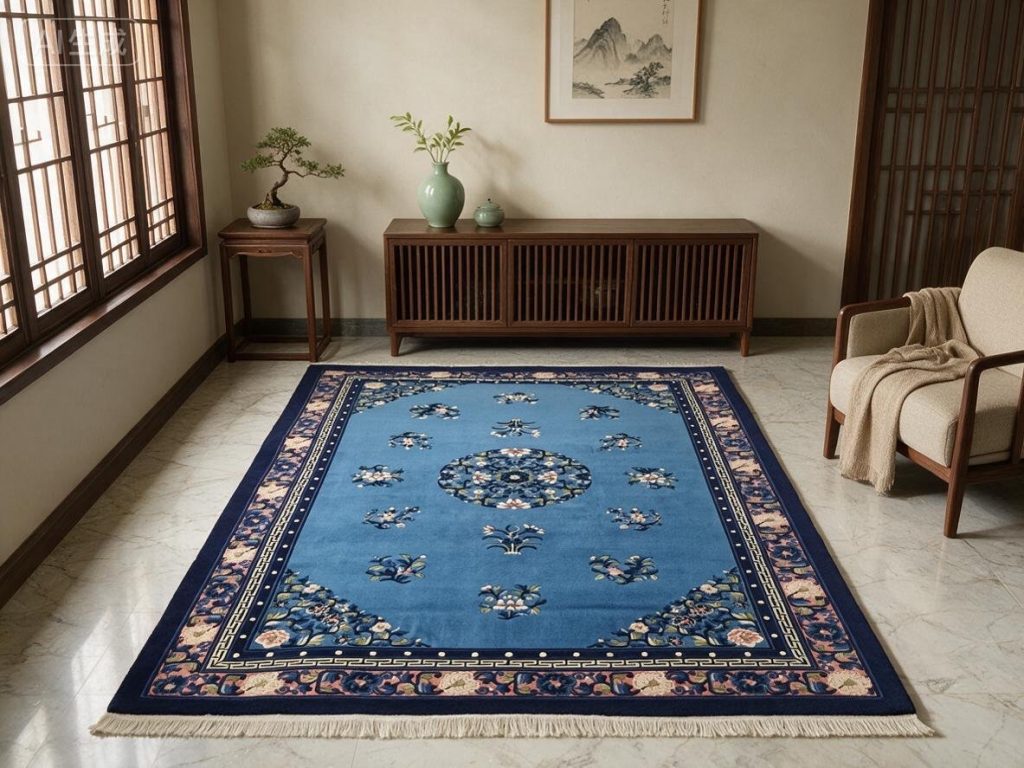 Sky Blue Floral Medallion Hand-Woven Wool Carpet
