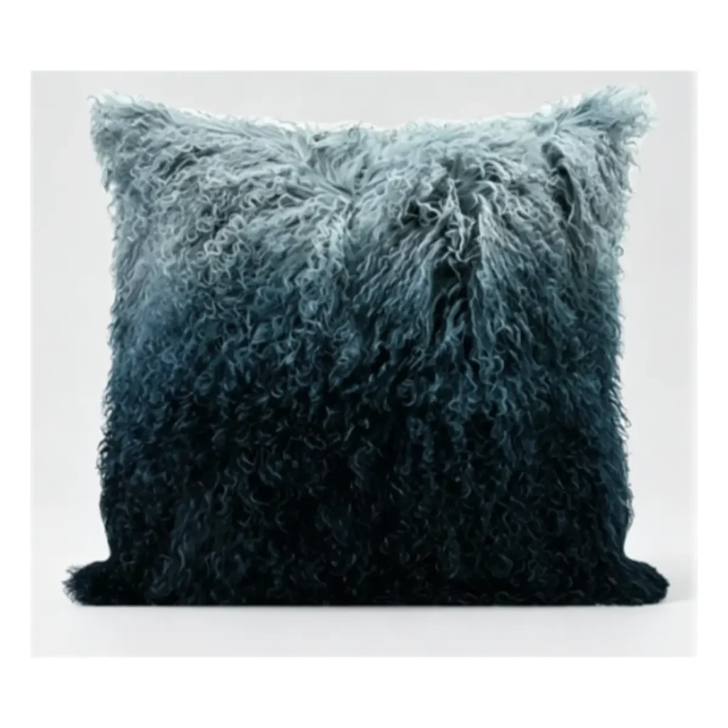 Deep Teal Ombre Mongolian Lamb Fur Throw Pillow
