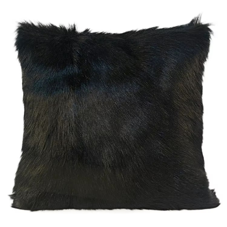Jet Black Goat Fur Throw Pillow