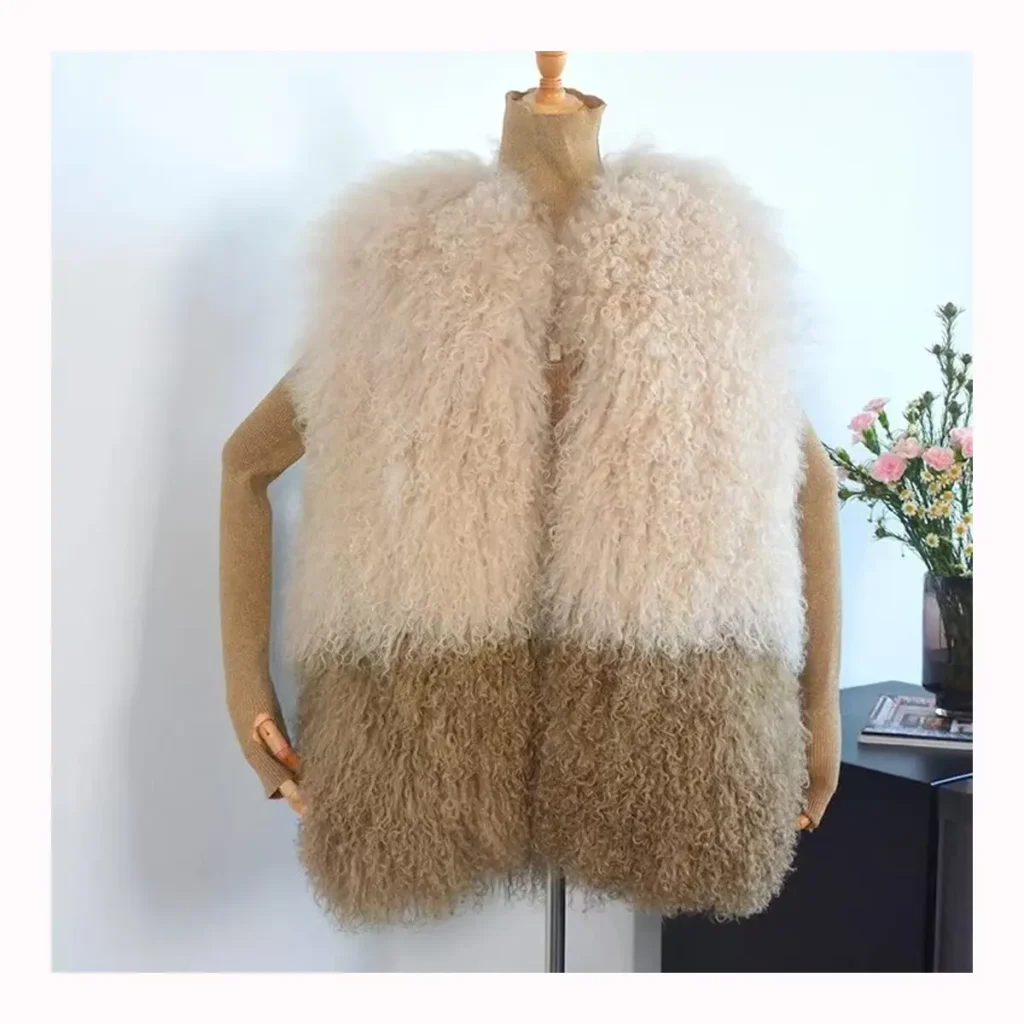 Colour Block Mongolian Lamb Fur Long Vest