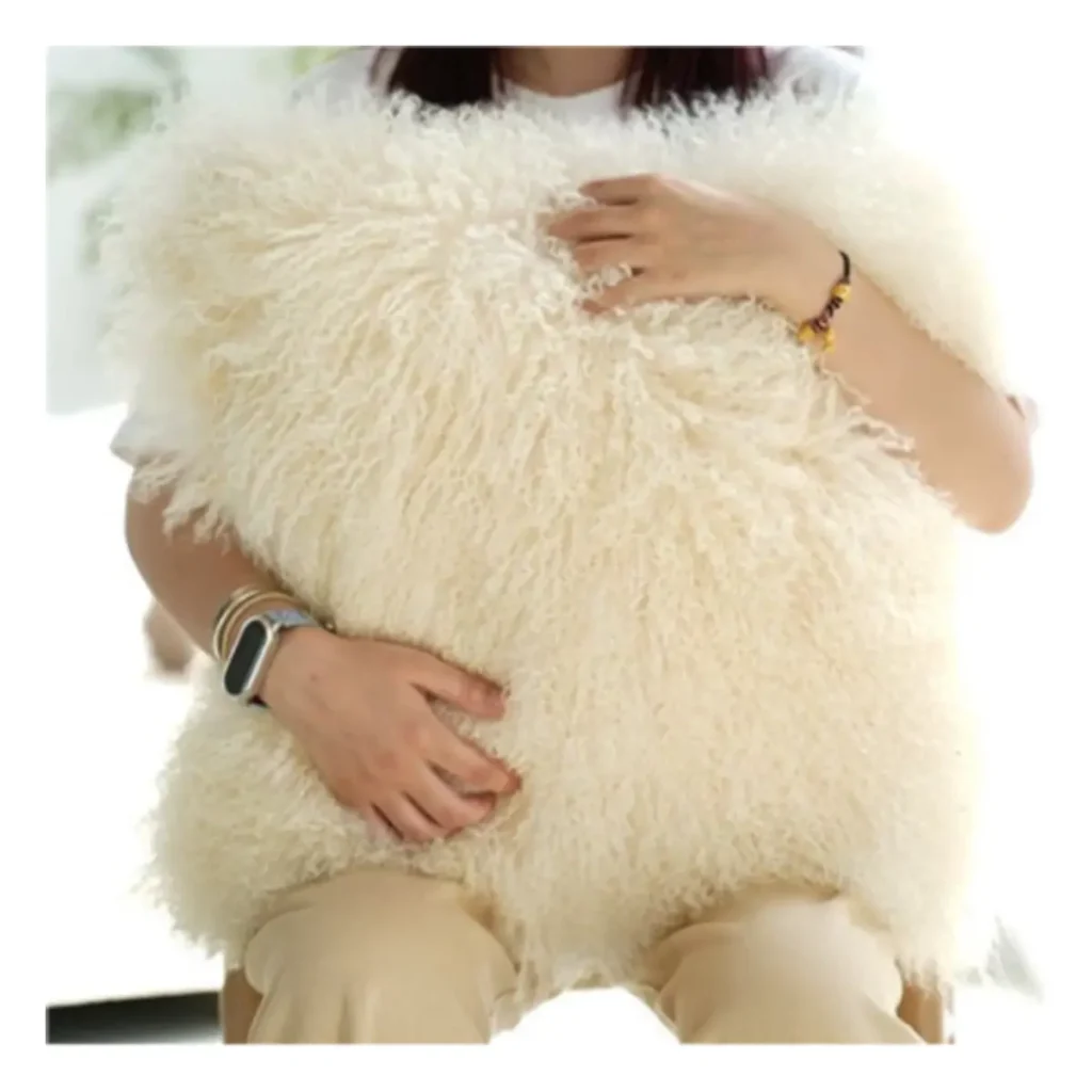 White Mongolian Lamb Fur Throw Pillow