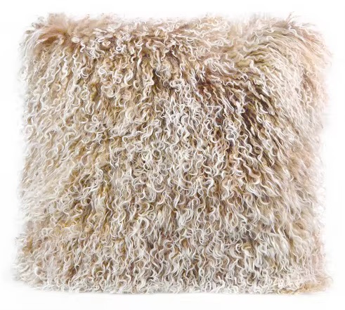 Natural Cream Curly Mongolian Lamb Fur Throw Pillow