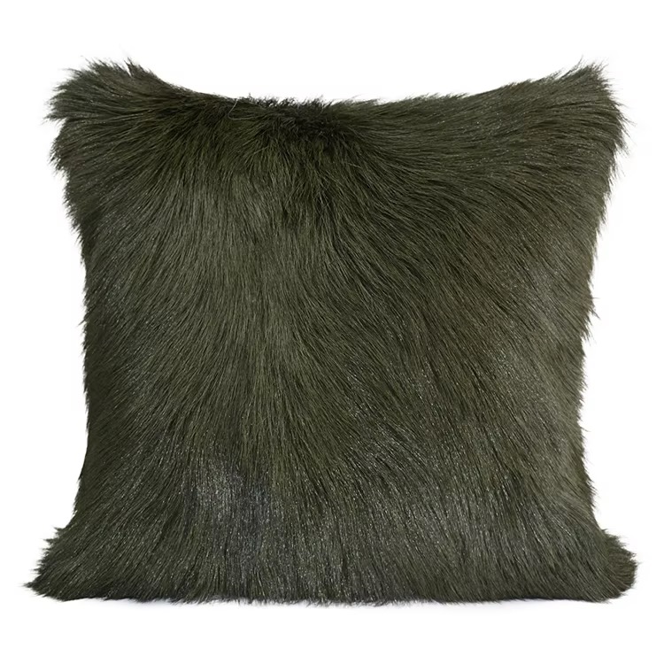 Olive Green Goat Fur Throw Pillow