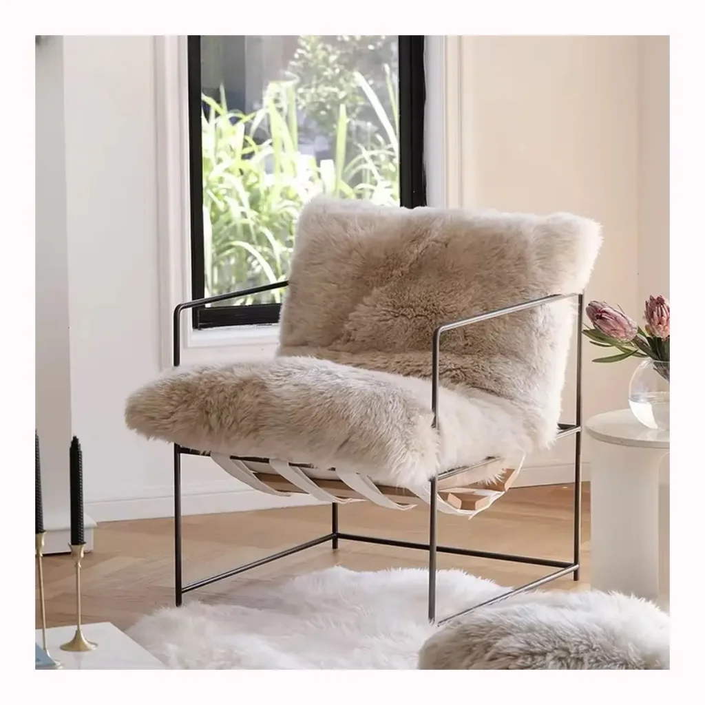 Taupe Metal Frame Sheepskin Lounge Chair