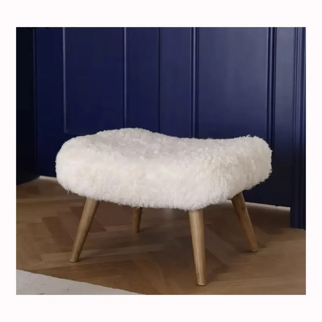 Ivory Wooden Leg Sheepskin Stool