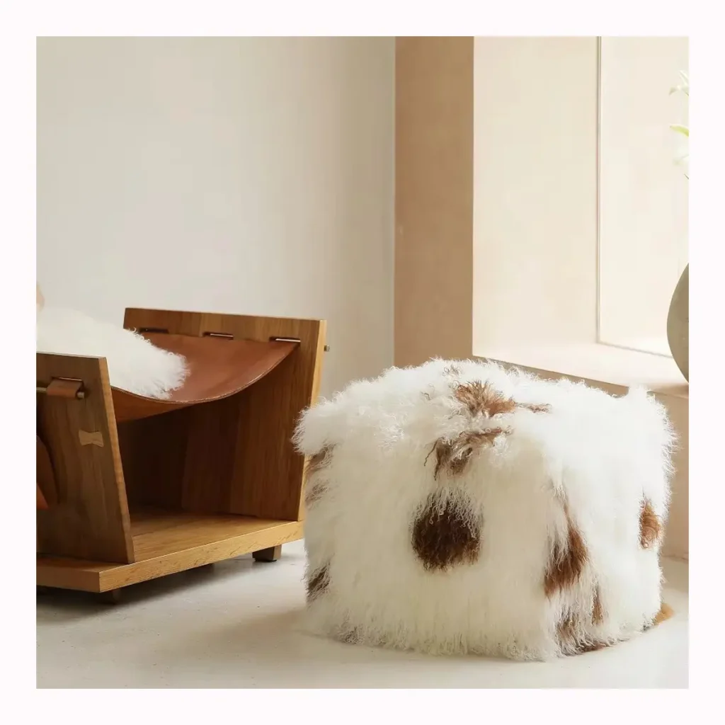 Ivory Brown Patchwork Sheepskin Ottoman