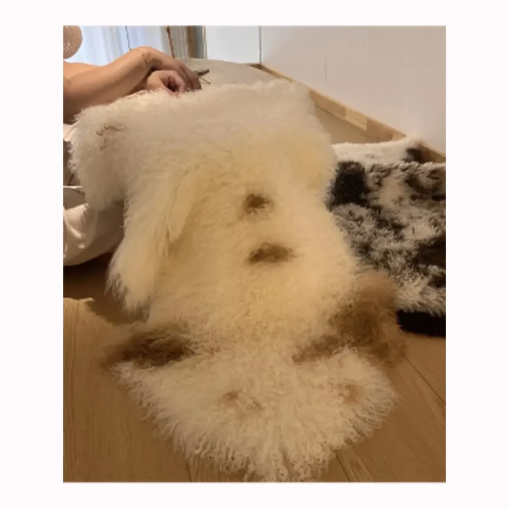 Natural Brown & White Mongolian Lamb Fur Rug