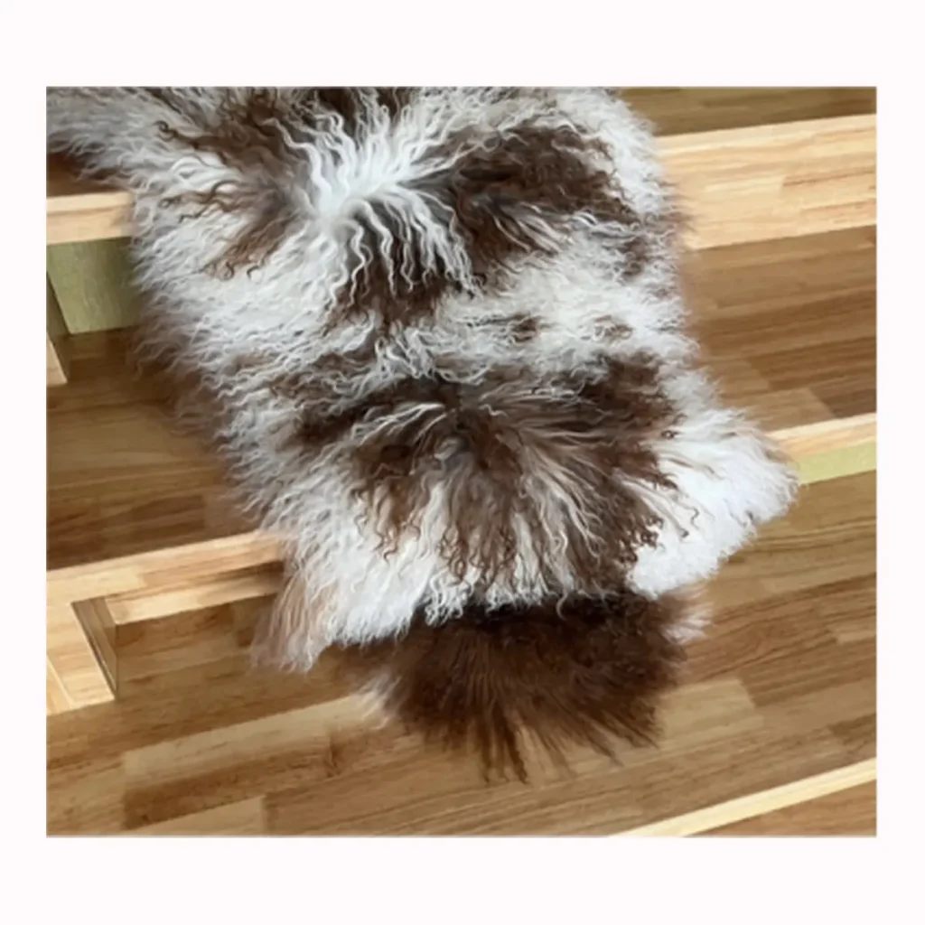 Natural Brown & White Mongolian Lamb Fur Rug