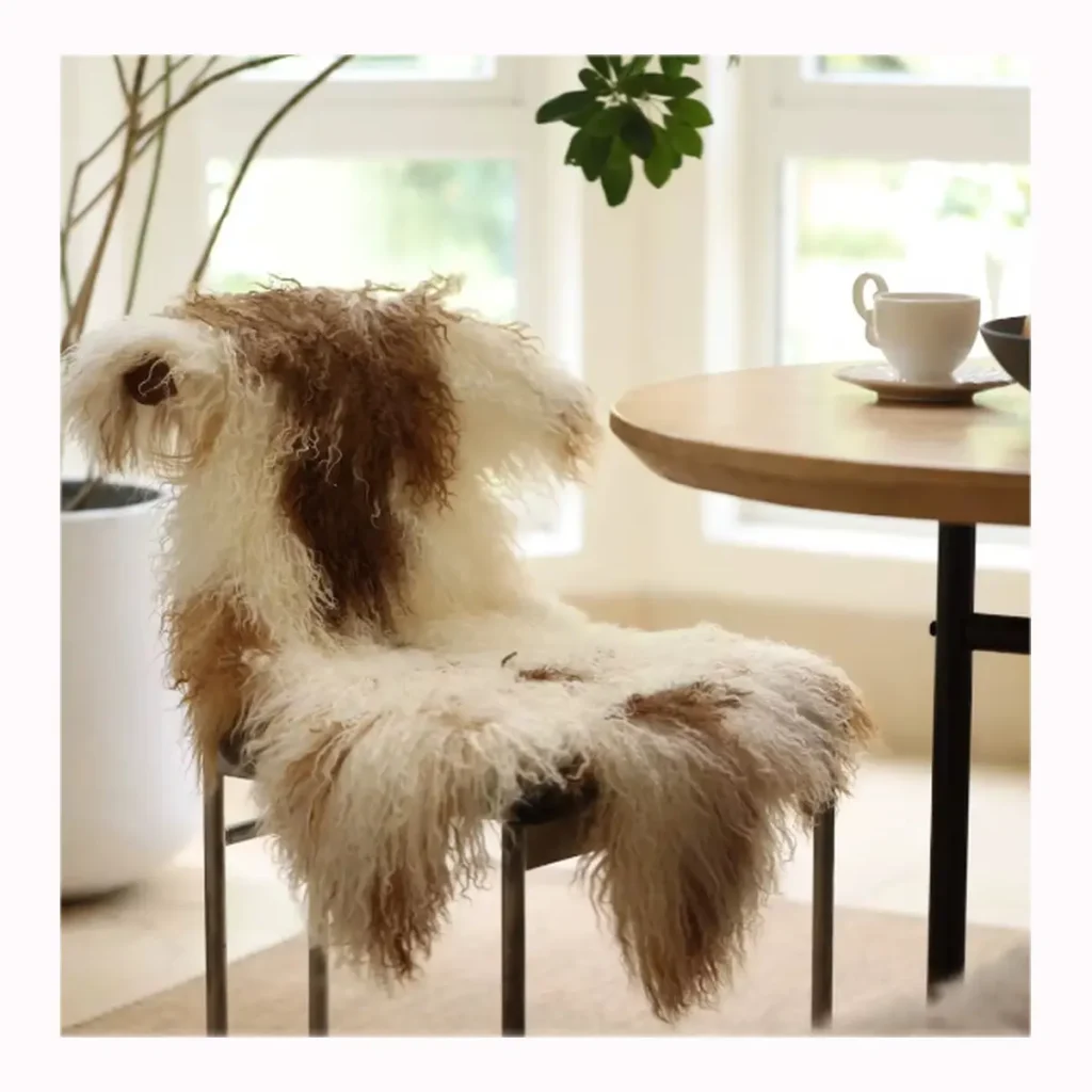 Natural Brown & White Mongolian Lamb Fur Rug