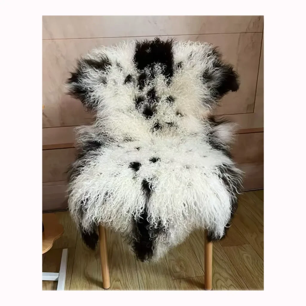 Natural Black & White Mongolian Lamb Fur Rug