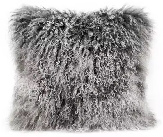 Smoke Grey Curly Mongolian Lamb Fur Throw Pillow