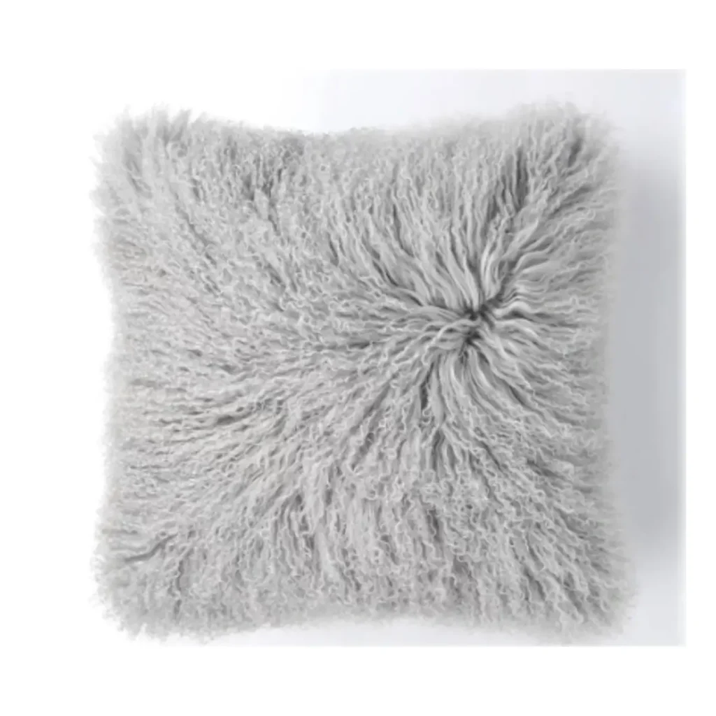 Silver Grey Mongolian Lamb Fur Throw Pillow