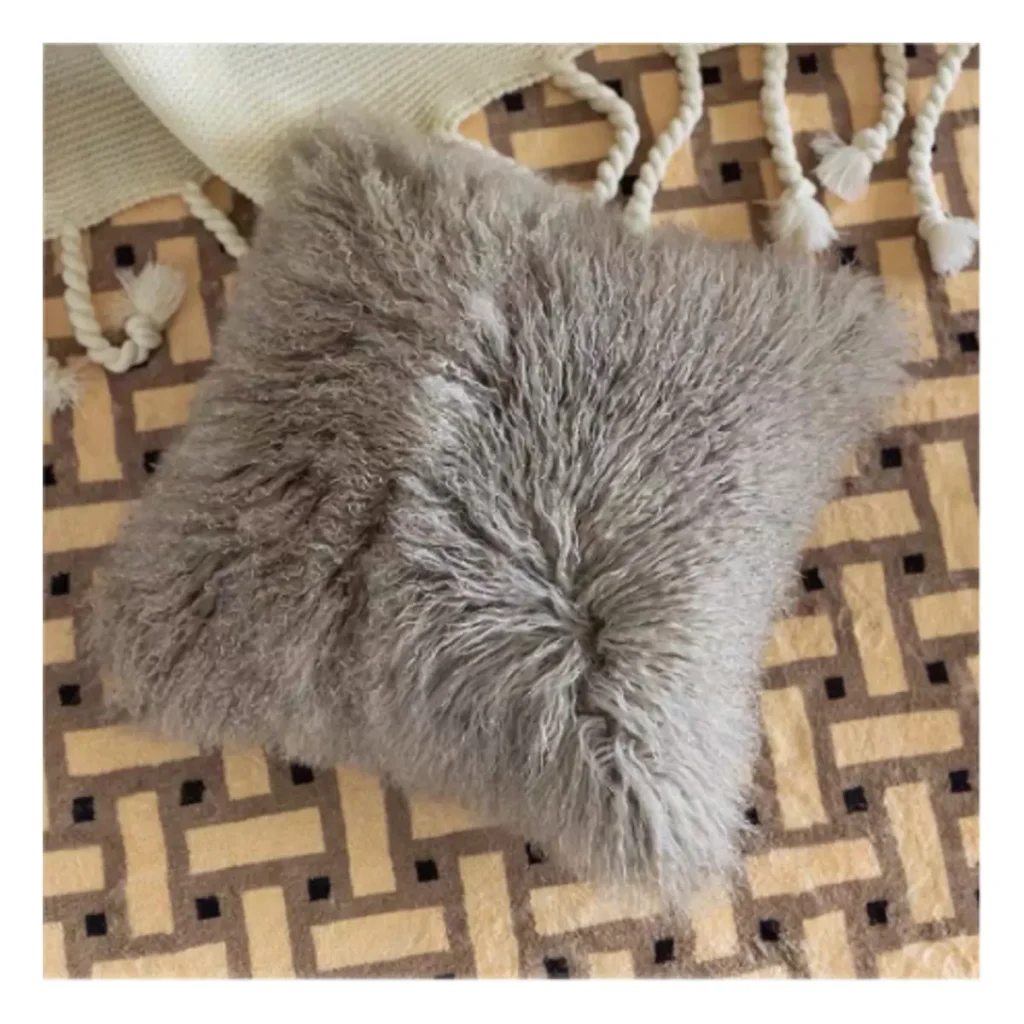 Stone Grey Mongolian Lamb Fur Throw Pillow