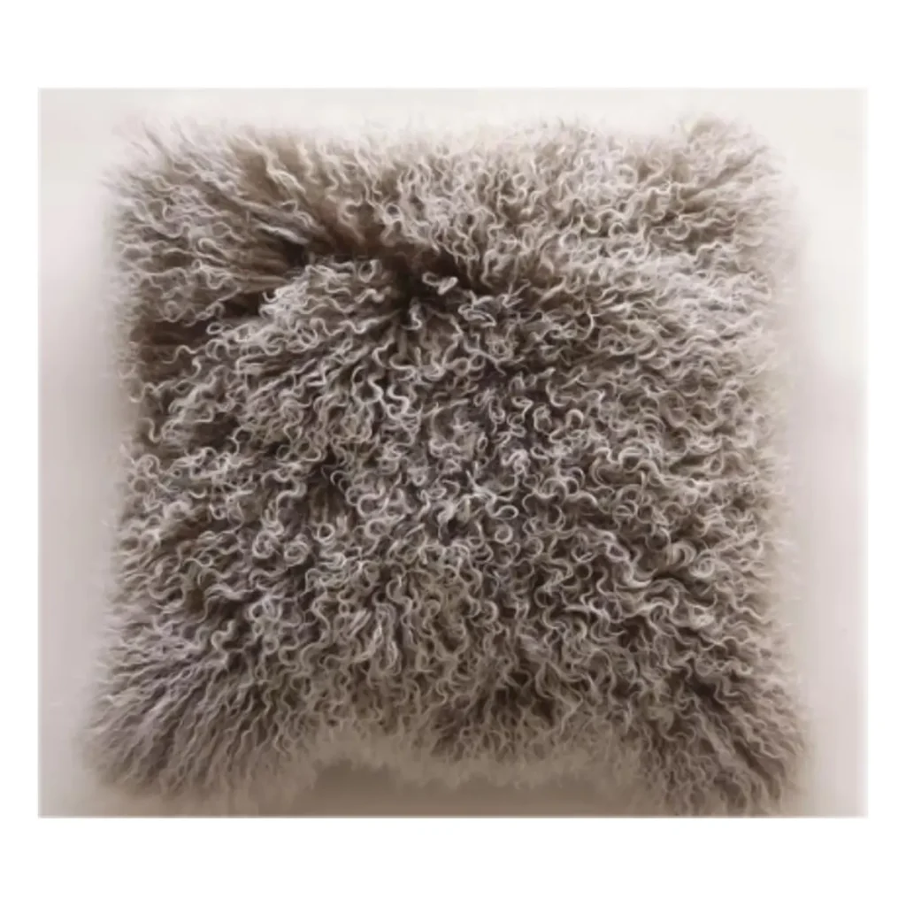 Taupe Grey Mongolian Lamb Fur Throw Pillow